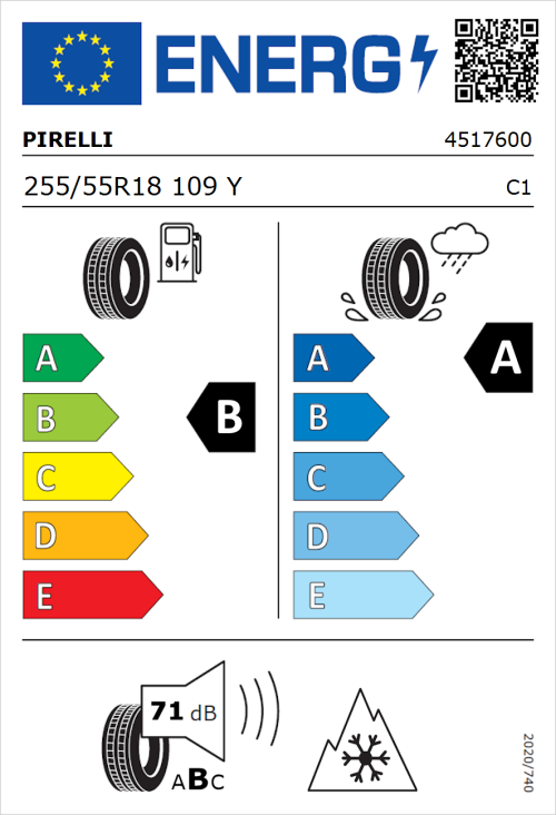 Tyre Label for Pirelli Scorpion All Season SF3 255/55R18 109Y